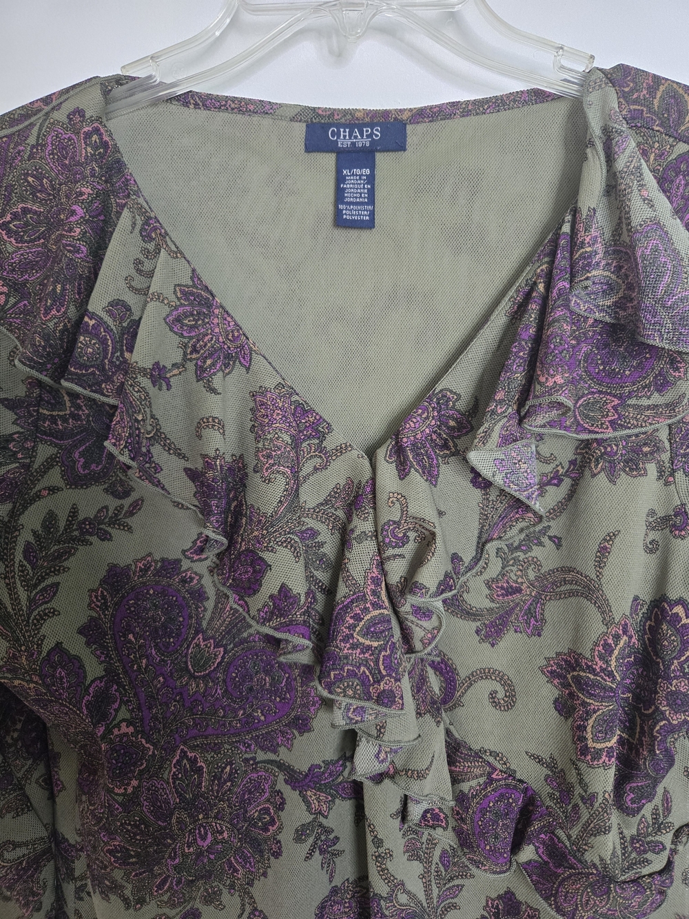 Like New Chaps Women's Olive Green & Purple Floral V-Neck Ruffle Top Women's XL - Picture 2 of 14
